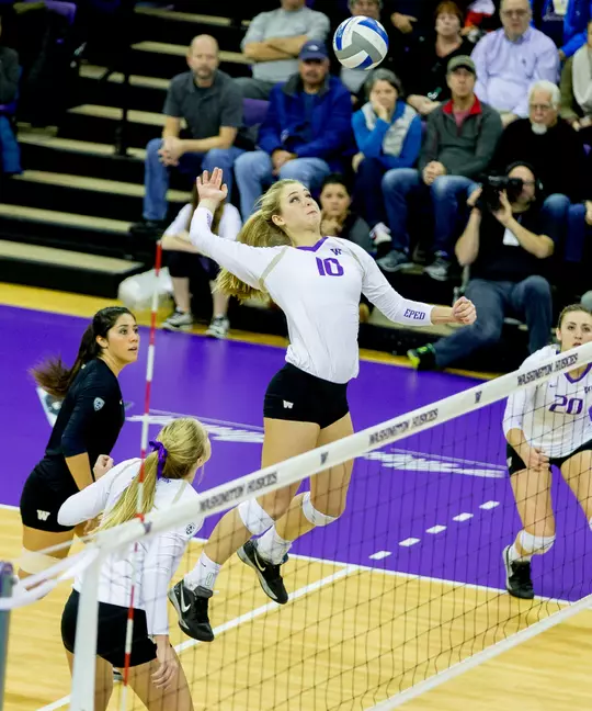 The University of Washington volleyball team defeats Stanford University 3-1 in Seattle on November 12, 2015. (Photography by Scott Eklund/Red Box Pictures)