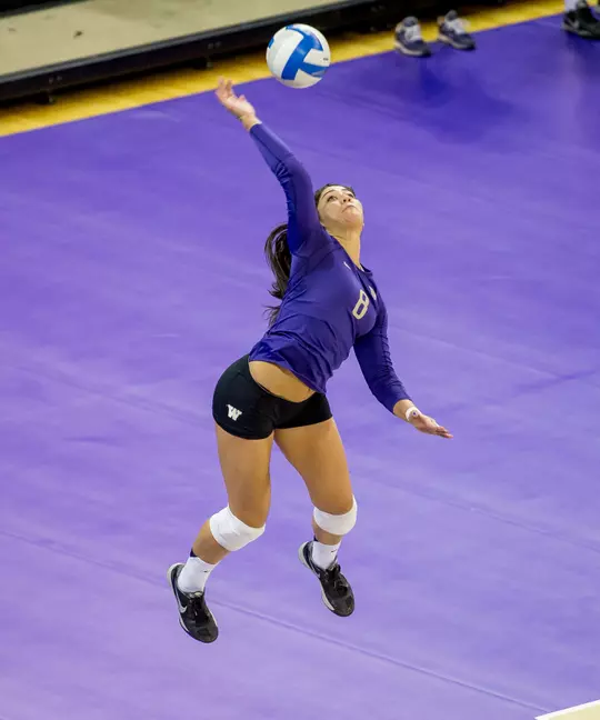 The University of Washington volleyball team defeats Oregon 3-0 at Alaska Airlines Arena on September 7, 2014. (Photography by Scott Eklund/Red Box Pictures)