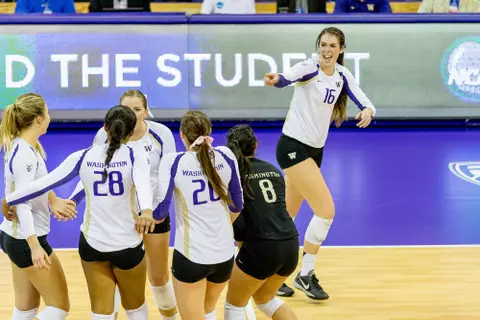 The University of Washington volleyball team defeats the University of Hawaii 3-1 in the second round of the NCAA playoffs at Alaska Airlines Arena in Seattle on December 6, 2014. (Photo by Scott Eklund/Red Box Pictures)