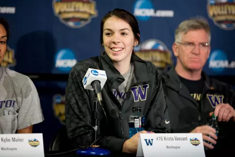 The University of Washington volleyball teams answers questions at a press conference and also has a short practice at Key Arena in preparation for the NCAA Final Four Championship held in Seattle.(Photo by Scott Eklund/Red Box Pictures)