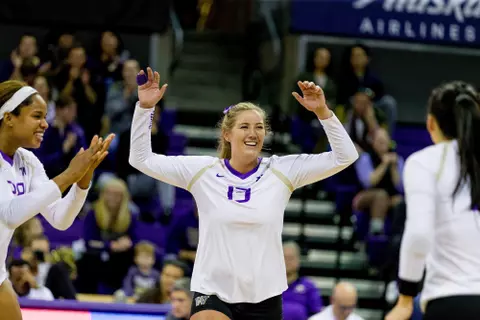The University of Washington volleyball team retired the jersey of all-time great Krista Vansant before their match with Stanford on November 8, 2017. (Photography by Scott Eklund/Red Box Pictures)