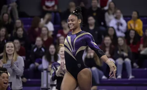 University of Washington gymnastics team hosts Boise State at Alaska Airlines Arena on Monday, January 20, 2020, in Seattle. (Stephen Brashear/Red Box Pictures)