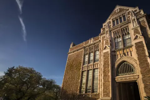 A low-angle shot of Miller Hall