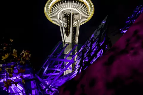 The Space Needle lit purple for the togetheruw campaign launch