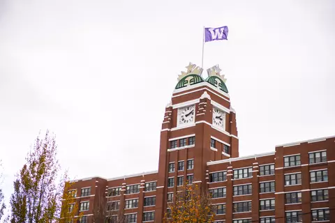 Starbucks headquarters in downtown seattle with the W flag on top of it