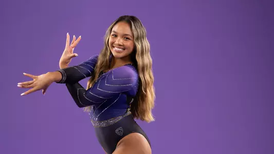 University of Washington gymnastics team at Alaska Airlines Arena on Monday, September 26, 2022, in Seattle. (Stephen Brashear/Red Box Pictures)