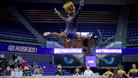 The University of Washington Gymnastics team holds their Purple and Gold Exhibition combined with 'Meet the GymDawgs' on December 7, 2021 in Alaska Airlines Arena (Photography by Scott Eklund/Red Box Pictures)