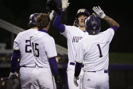 Will Simpson Celebrates With Teammates Following 3-Run Homerun Against Utah Valley On April 11, 2022