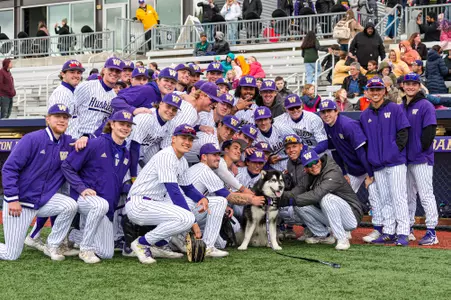 The Husky Baseball Team Poses With Their Mascot Dubs Prior To Hosting UCLA On May 7, 2022