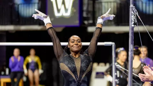 The University of Washington gymnastics team holds its Purple & Gold meet on December 13, 2023. (Photography by Scott Eklund/Red Box Pictures)