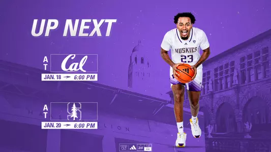 UW men's basketball upcoming schedule graphic at Cal and Stanford