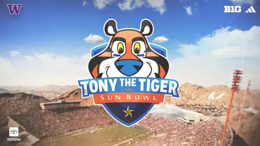 Sun Bowl announcement graphic with Tony the Tiger logo in front of stadium and Toyota, B1G, adidas and UW logos