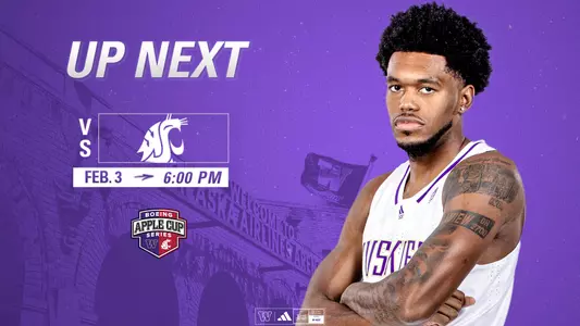 UW men's basketball upcoming schedule graphic: vs. WSU Feb. 3 at 6 pm