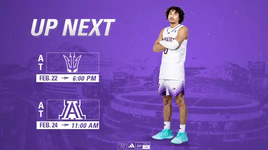 men's basketball up next graphic - ASU on 2/22 and Arizona on 2/24