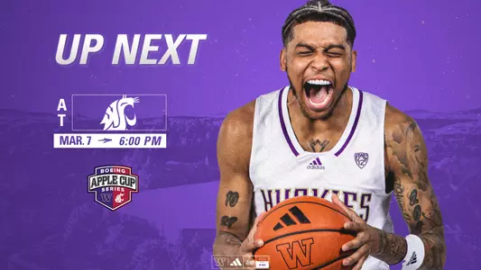 Up next graphic for men's basketball with Koren Johnson and next game on Mar. 7 against WSU at 6 pm