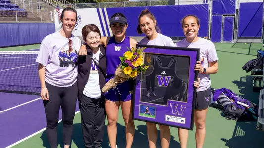 The University of Washington womenβs tennis team plays Stanford on April 14, 2024. (Photography by Scott Eklund/Red Box Pictures)