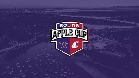 Boeing Apple Cup logo over Seattle background colored purple