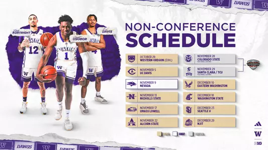 2024-25 UW Men's Basketball schedule graphic with Great Osobor, Luis Kortright and DJ Davis