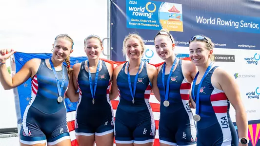 Jordan Freer (center) with USA W4+ at 2024 World Rowing Under 23 Championships