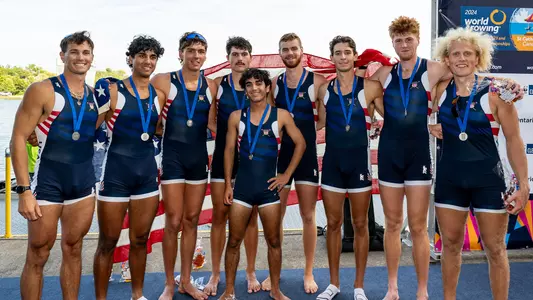 Blake Vogel (left) with USA M8+ at 2024 World Rowing Under 23 Championships