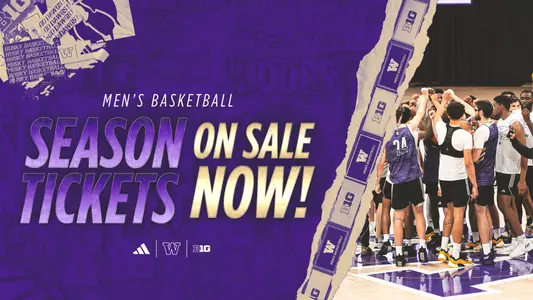 2024-25 UW Men's Basketball season tickets graphic with team huddle on right side