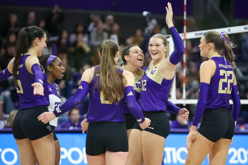 The University of Washington volleyball team competes against the University of Minnesota during a match at Alaska Airlines Arena in Seattle on October 18, 2025.
