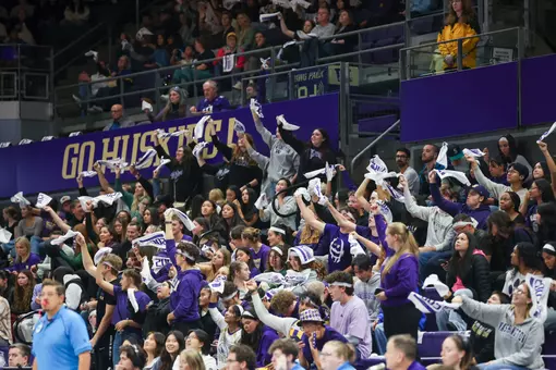 The University of Washington volleyball team competes against the University of Minnesota during a match at Alaska Airlines Arena in Seattle on October 18, 2025.