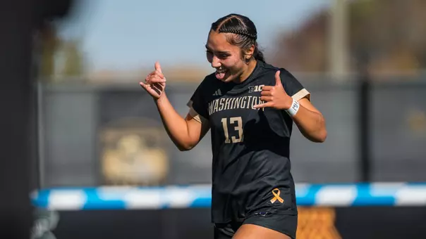 Samiah Shell celebrates a goal during Washington's 2-0 win over Illinois in the Big Ten Tournament Quarterfinals