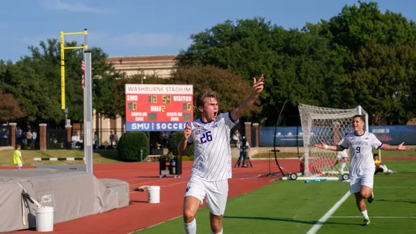 Connor Lofy celebrates after scoring the game-winning goal against No. 5 seed SMU to advance to the third round of the NCAA Tournament.