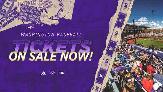 Washington baseball tickets on sale now text on graphic with photo of Husky Ballpark to right