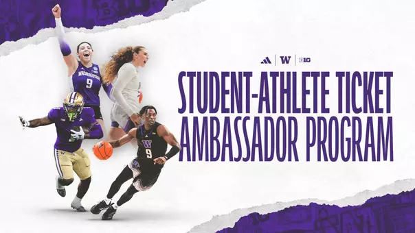 Student-Athlete Ticket Ambassador Program graphic with Kierstyn Barton, Jonah Coleman, Elle Ladine and Zoom Diallo