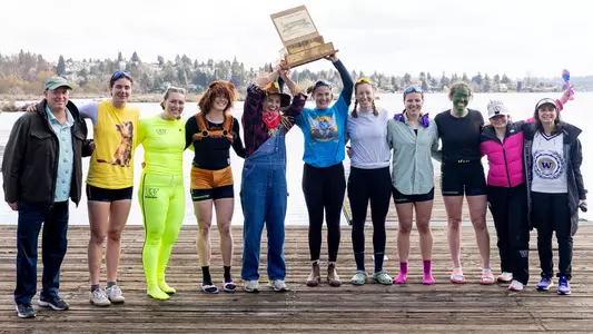 fifth year women crew at 2025 class day with trophy