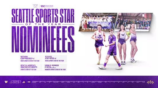 Seattle Sports Star of the Year 2026 graphic featuring Men's and Women's Soccer celebrations, Nathan Green, Amanda Moll, and Hana Moll from UW Track