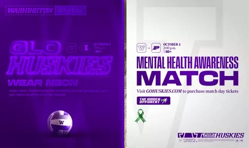 volleyball Illinois and Purdue promotional graphic: Glo Huskies vs Illinois and Mental Health Awareness vs Purdue