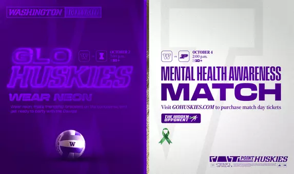 volleyball Illinois and Purdue promotional graphic: Glo Huskies vs Illinois and Mental Health Awareness vs Purdue