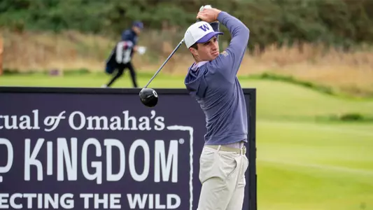 Hamish Farquharson hits at tee shot during round one of the St Andrews Links Collegiate