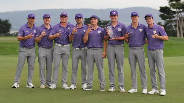 Washington men's golf team throws a dubs up with the 2026 Saint Mary's Invitational team championship trophy