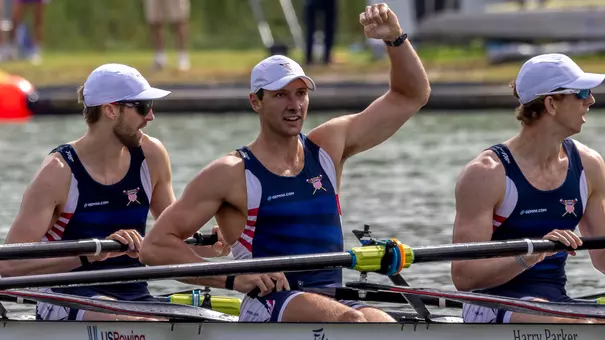 Chris Carlson in the U.S. men's four at 2026 world rowing championships