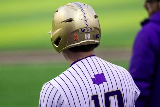 Baseball Huskies for a Cure sticker on back of batting helmet