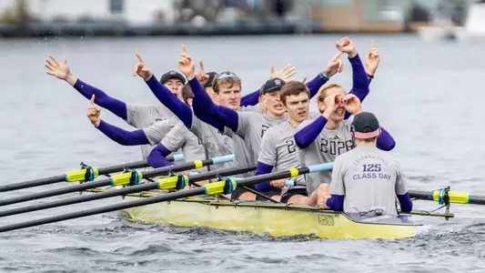 the UW senior men's crew celebrates its victory in the 2026 Class Day Regatta