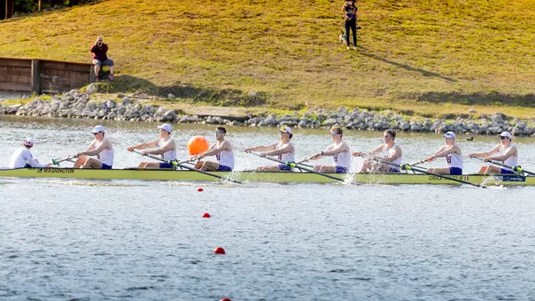 A Washington men's rowing crew, the varsity eight, on the water just after finishing a race vs. Harvard and Stanford, in Sarasota, Fla.