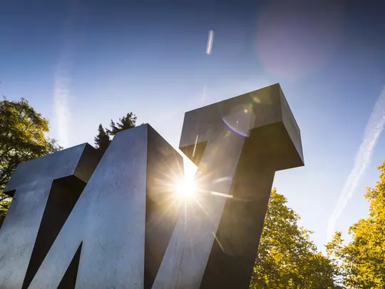 W sculpture on campus