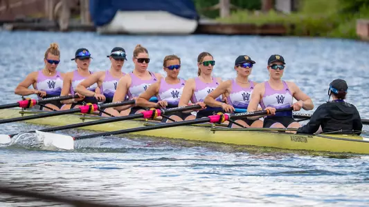 The Washington women's rowing varsity eight in action at Redwood Shores, April 11, 2026.