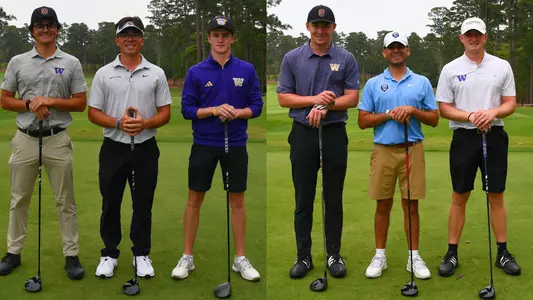Jacob Goode, Jack Murphy, Grady Millar and Finn Koelle pose with their playing partners on the tee of the Genesis Collegiate Showcase at Bluejack National