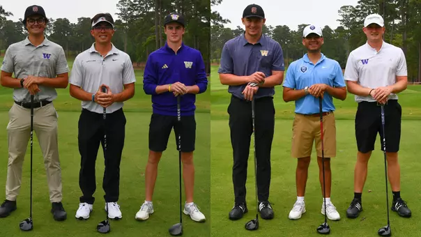Jacob Goode, Jack Murphy, Grady Millar and Finn Koelle pose with their playing partners on the tee of the Genesis Collegiate Showcase at Bluejack National