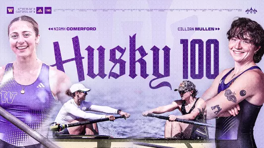 graphic celebrating UW rowers Niamh Comerford and Cillian Mullen making the 2026 Husky 100