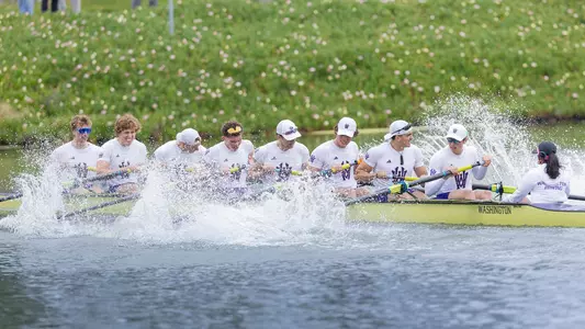 Washington's second varsity eight celebrates it win at the finish line vs. California on April 25, 2026