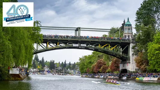 from 2025, a washington men's rowing crew races on the Montlake Cut, under the Montlake Bridge, at the Windermere Cup