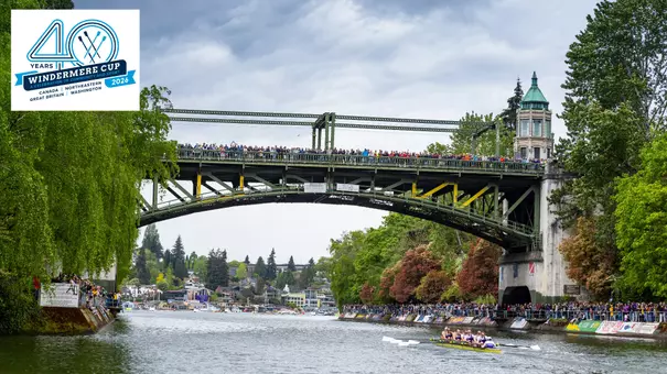 from 2025, a washington men's rowing crew races on the Montlake Cut, under the Montlake Bridge, at the Windermere Cup