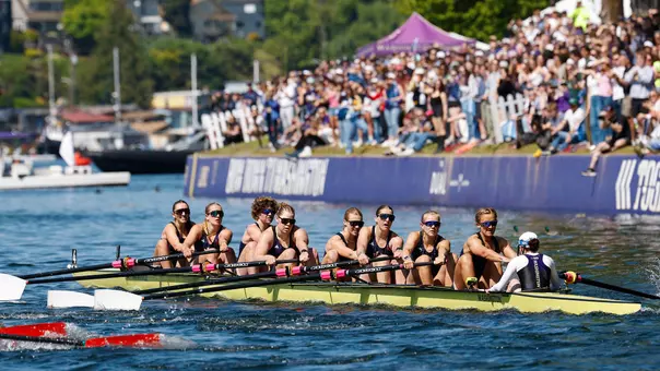 The Washington women's varsity eight races to the finish line at the 2026 Windermere Cup